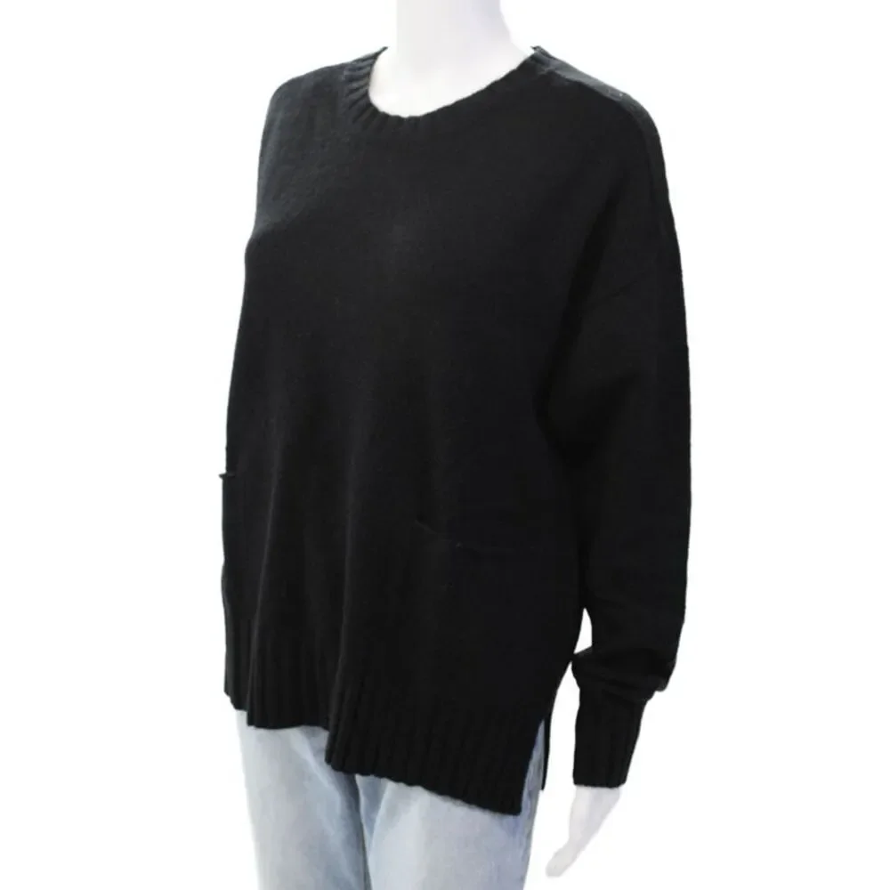 Renuar Womens Front Pockets Crew Neck Pullover Sweater Top Black Size L
